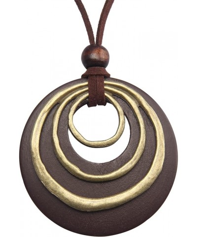 Handmade Bronze Color Multiple Ring Pendant Necklace Boho Style Long Leather Rope Sweater Necklace for Women AN026-WOOD+3LOOP...