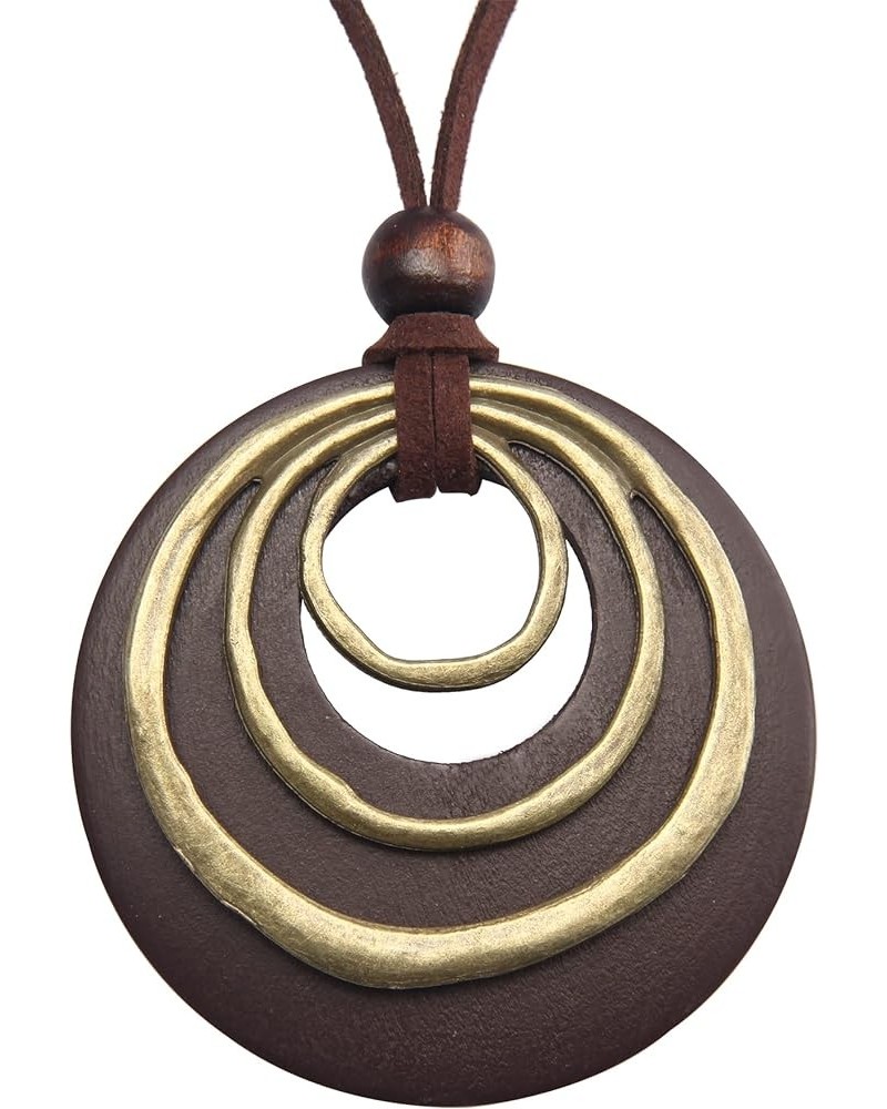 Handmade Bronze Color Multiple Ring Pendant Necklace Boho Style Long Leather Rope Sweater Necklace for Women AN026-WOOD+3LOOP...