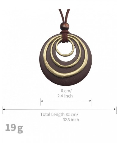 Handmade Bronze Color Multiple Ring Pendant Necklace Boho Style Long Leather Rope Sweater Necklace for Women AN026-WOOD+3LOOP...