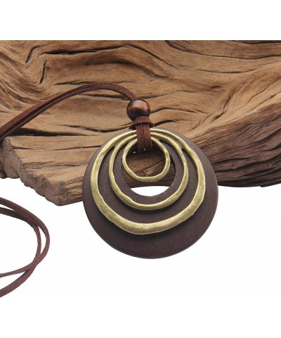 Handmade Bronze Color Multiple Ring Pendant Necklace Boho Style Long Leather Rope Sweater Necklace for Women AN026-WOOD+3LOOP...