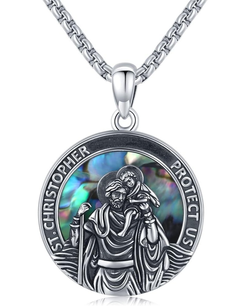 925 Sterling Silver Patron Saint Medal Necklace Protection Catholic Jewelry Gifts for Men Women A02-Saint Christopher(Abalone...