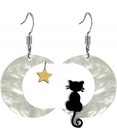 Black Cat on the Moon Earrings for Women Acrylic Moon Star Cat Dangle Earrings Funny Halloween Animal Cat Jewelry Accessories...