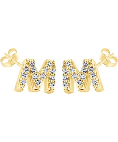 Round Cut White Cubic Zirconia Alphabet A-Z Letter Initial Stud Earrings In 14k Yellow Gold Over Sterling Silver "M" - Initia...