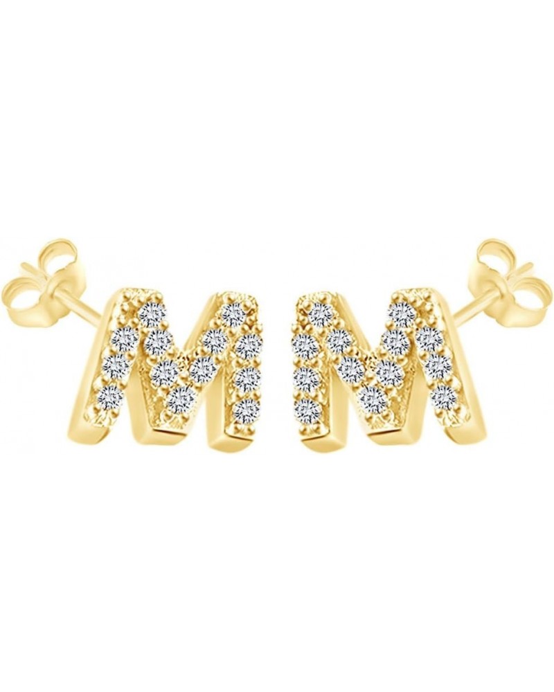 Round Cut White Cubic Zirconia Alphabet A-Z Letter Initial Stud Earrings In 14k Yellow Gold Over Sterling Silver "M" - Initia...