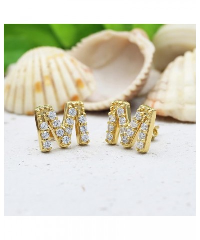 Round Cut White Cubic Zirconia Alphabet A-Z Letter Initial Stud Earrings In 14k Yellow Gold Over Sterling Silver "M" - Initia...