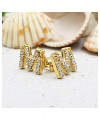 Round Cut White Cubic Zirconia Alphabet A-Z Letter Initial Stud Earrings In 14k Yellow Gold Over Sterling Silver "M" - Initia...