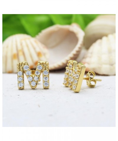 Round Cut White Cubic Zirconia Alphabet A-Z Letter Initial Stud Earrings In 14k Yellow Gold Over Sterling Silver "M" - Initia...