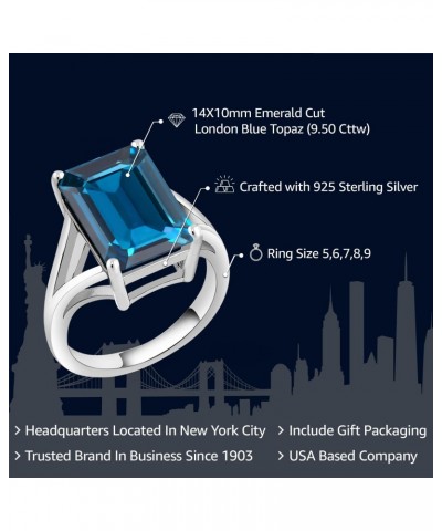 925 Sterling Silver London Blue Topaz Solitaire Ring For Women (9.50 Cttw, Emerald Cut 14X10MM, Gemstone Birthstone, Availabl...