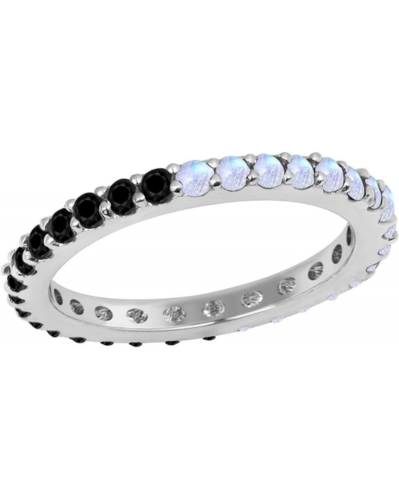 925 Sterling Silver Round 2 MM Black Spinal- Moonstone Full Eternity Stackable Band Ring Gift For Her White Gold Plated $17.8...