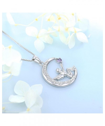 Fairy Moon Necklace for Women Birthstone Crescent Moon Angel Necklace Sterling Silver plated 18K White Gold February - Amethy...