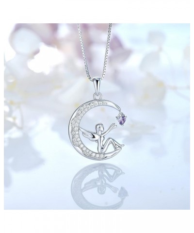 Fairy Moon Necklace for Women Birthstone Crescent Moon Angel Necklace Sterling Silver plated 18K White Gold February - Amethy...