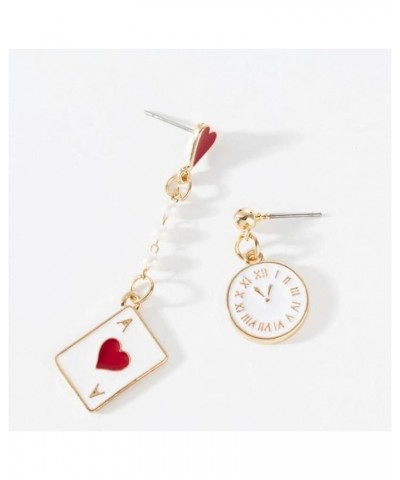 Asymmetric Clock Poker Earrings Gold Plated Charm Mismatched Enamel Red Black Heart Ace Spades Playing Card Alarm Clock Long ...