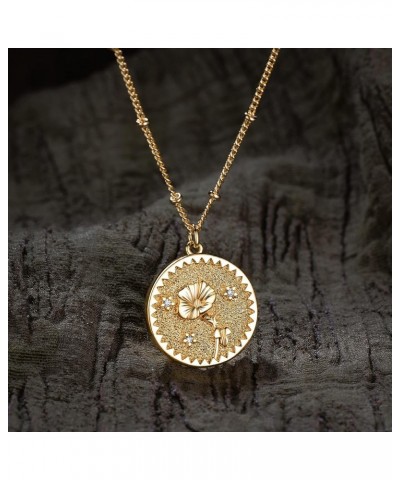 Birth Month Flower Pendant Necklace 18K Gold Plated Dainty Simple Month Birth Floral Disc Pendant Engrave Coin Necklace Minim...