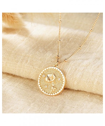 Birth Month Flower Pendant Necklace 18K Gold Plated Dainty Simple Month Birth Floral Disc Pendant Engrave Coin Necklace Minim...