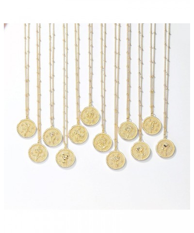 Birth Month Flower Pendant Necklace 18K Gold Plated Dainty Simple Month Birth Floral Disc Pendant Engrave Coin Necklace Minim...