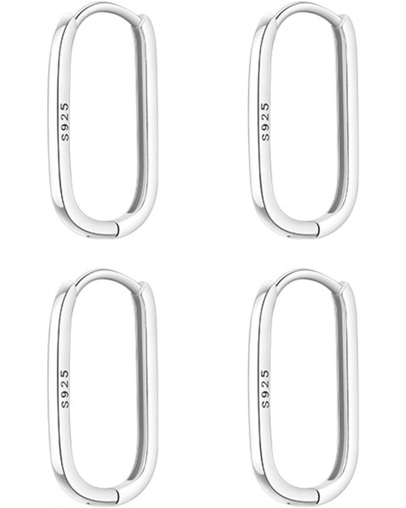 2 Pairs S925 Silver Hoop Earrings Oval Sterling Silver Hoops Rectangle Earrings,Oval Hoop Earrings for Women Paperclip Earrin...