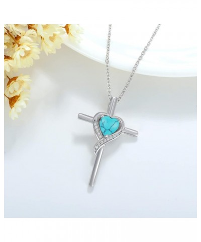 925 Sterling Silver Cross Necklace for Women Dainty Heart Gemstone Cross Pendant Necklace Fine Jewelry Anniversary Birthday H...