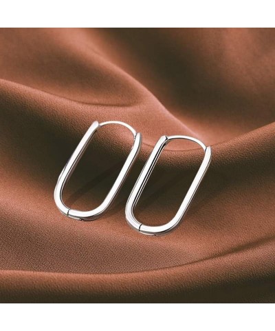 2 Pairs S925 Silver Hoop Earrings Oval Sterling Silver Hoops Rectangle Earrings,Oval Hoop Earrings for Women Paperclip Earrin...