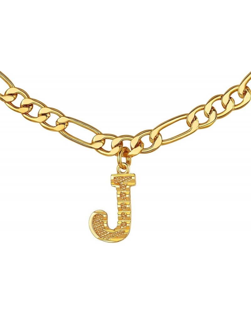 Gold Initial Figaro Chain Necklace, Custom Monogram Letter Choker Necklaces, 16"+2" Adjustable Letter J-Gold Personalized Eng...