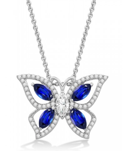Sterling Silver 6x3 MM Marquise Created Blue Sapphire with Marquise and Round Cut Created White Sapphire Butterfly Pendant Ne...