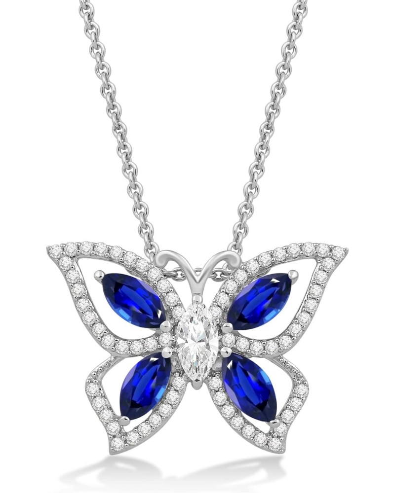 Sterling Silver 6x3 MM Marquise Created Blue Sapphire with Marquise and Round Cut Created White Sapphire Butterfly Pendant Ne...