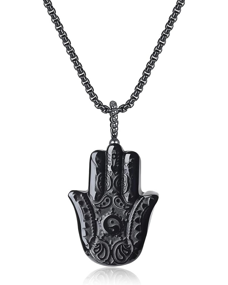 Hamsa Hand Black Obsidian Necklace for Men Women 20" Stainless Steel Chain $16.64 Necklaces