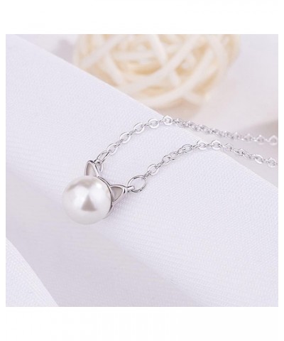 Cat Pearl Pendant Necklace Silver Plated Copper Choker Necklaces Dainty Jewelry for Women Girls $6.23 Necklaces