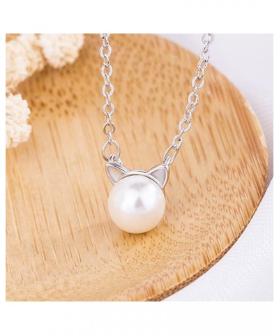 Cat Pearl Pendant Necklace Silver Plated Copper Choker Necklaces Dainty Jewelry for Women Girls $6.23 Necklaces