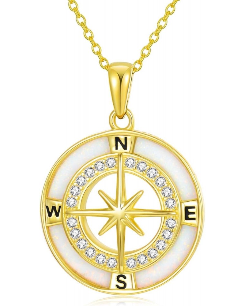 Compass Necklace for Women 14K Gold Plated Opal Compass Pendant Necklace for Women October Birthstone Compass Jewelry for Wom...