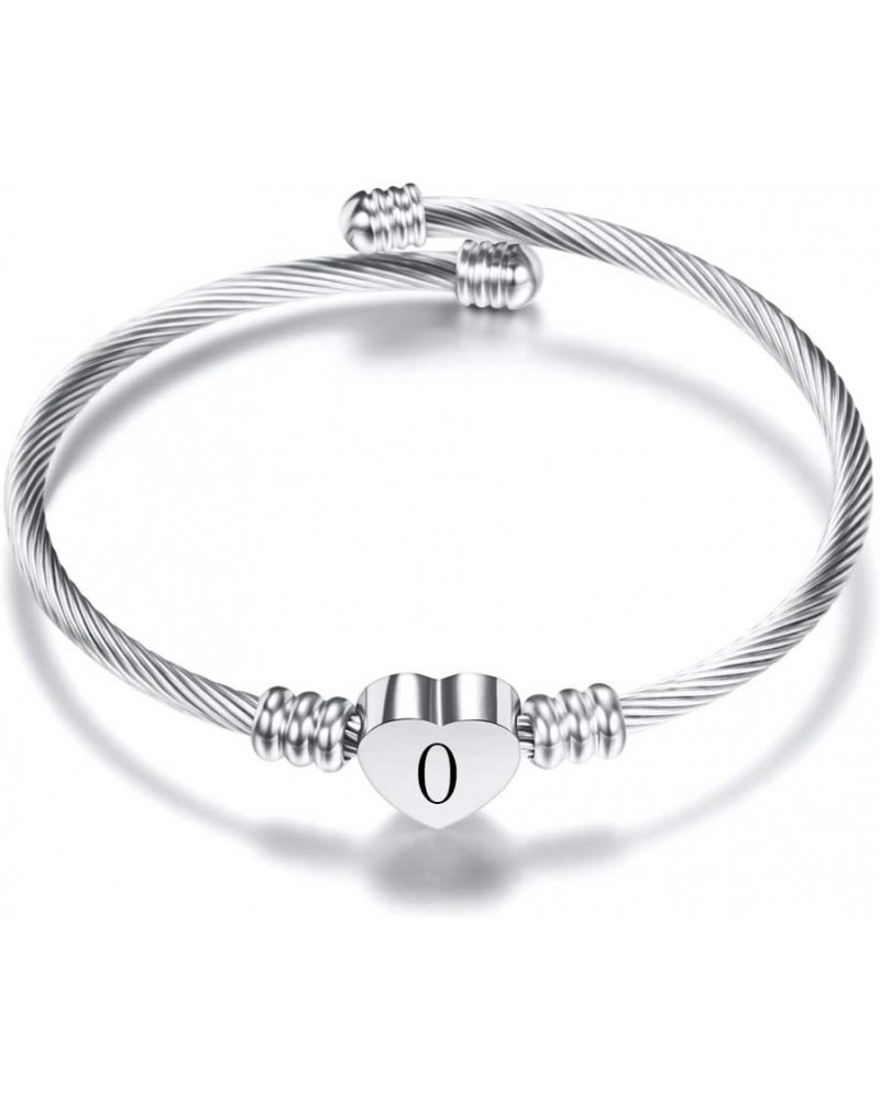 Stainless Steel Cable Wire Heart Charm Alphabet Initial Letters Adjustable Size Bangle Bracelet Silver-O $7.19 Bracelets