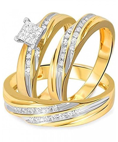 Princess D/VVS1 Diamond 14K Two-Tone Gold Plated 925 Sterling Silver Bridal Wedding Trio Ring Set for Him & Her Women Size 6 ...