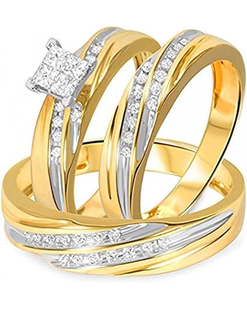 Princess D/VVS1 Diamond 14K Two-Tone Gold Plated 925 Sterling Silver Bridal Wedding Trio Ring Set for Him & Her Women Size 6 ...