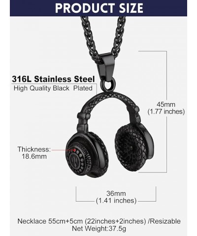 Music Pendants with 22" Spiga Chain, Stainless Steel Headphone Pendant Necklace Punk Rock Hip Hop Necklace Jewelry for Men Wo...