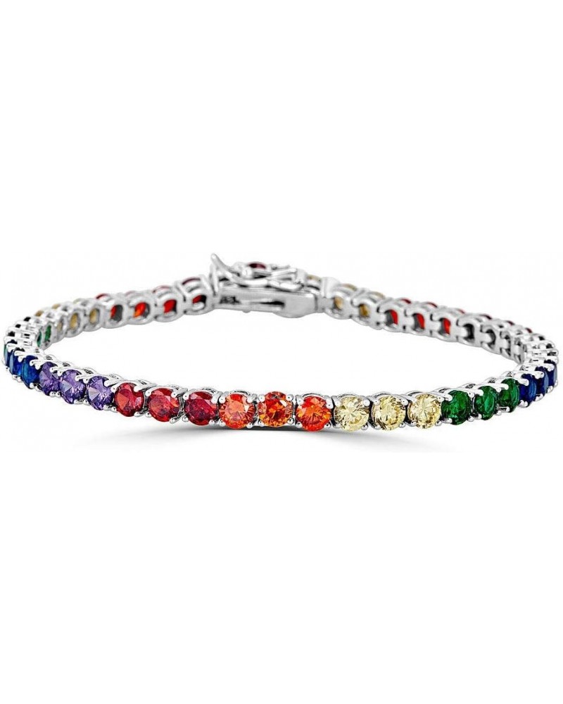 Real Solid 925 Sterling Silver Mens Or Womens Multi Colored Tennis Bracelet - 4mm Rainbow CZ - 6-9 6.5 Inches $39.75 Bracelets