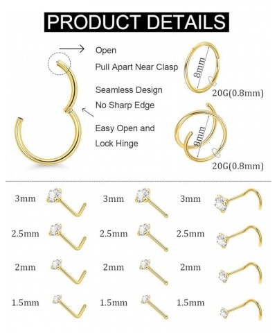 18PCS 20G 316L Stainless Steel Nose Rings Hoop for Women Men CZ Nose Studs Clicker Hinged Nose Hoops Double Nose Ring Piercin...