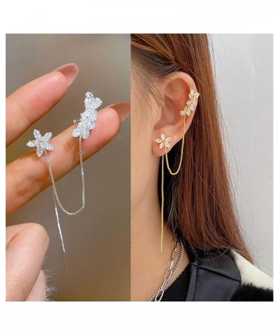 Flower Tassel Bone Clamp Earrings Set,925 Sterling Silver Flowers Wrap Earrings Cuff for Women Teens Sparkling CZ Crystals Cr...