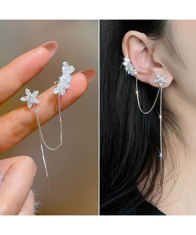 Flower Tassel Bone Clamp Earrings Set,925 Sterling Silver Flowers Wrap Earrings Cuff for Women Teens Sparkling CZ Crystals Cr...