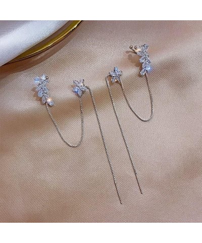 Flower Tassel Bone Clamp Earrings Set,925 Sterling Silver Flowers Wrap Earrings Cuff for Women Teens Sparkling CZ Crystals Cr...