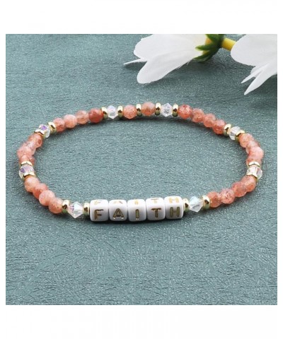 Natural Stone Bead Motivational Bracelet for Women, Micro Faceted Round Crystal Beads Faith Letters Bracelet, Gemstone Beads(...