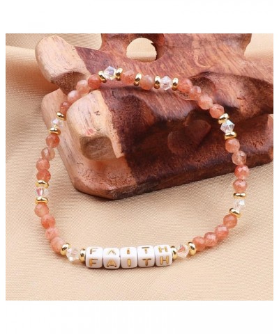 Natural Stone Bead Motivational Bracelet for Women, Micro Faceted Round Crystal Beads Faith Letters Bracelet, Gemstone Beads(...