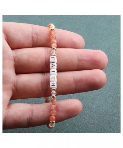 Natural Stone Bead Motivational Bracelet for Women, Micro Faceted Round Crystal Beads Faith Letters Bracelet, Gemstone Beads(...