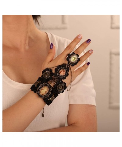 Victorian Black Lace Finger Ring Bracelet for Women Gothicn Flower Cameo Rhinestone Clock and Gear Bangle Bracelet Halloween ...