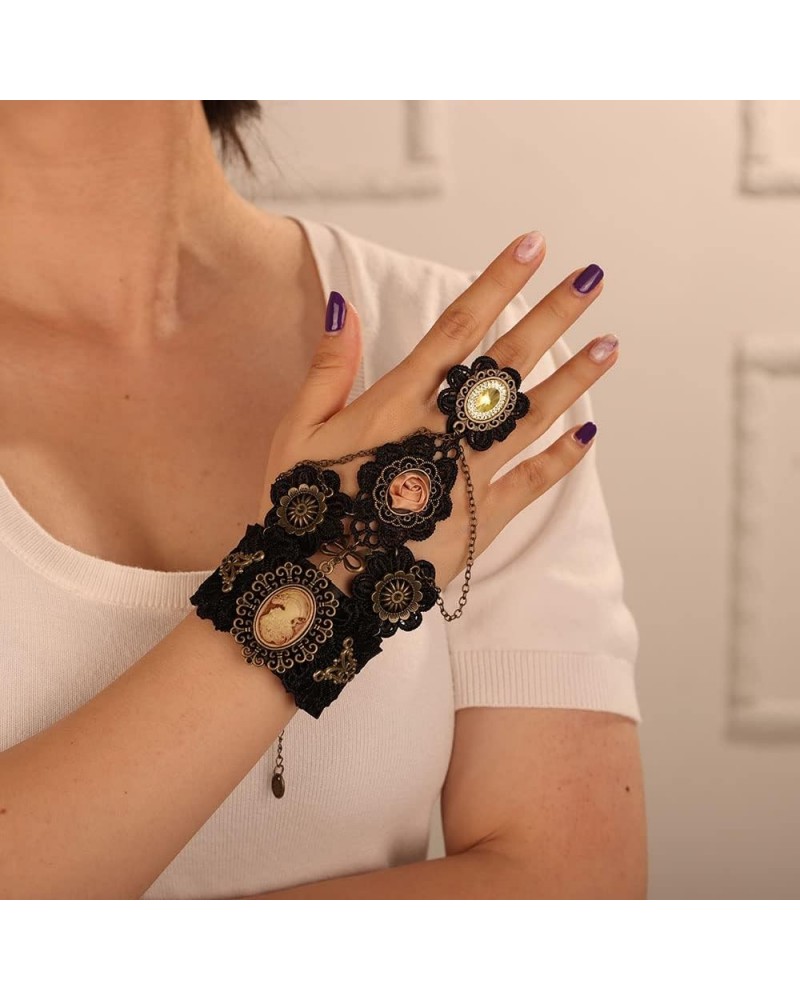 Victorian Black Lace Finger Ring Bracelet for Women Gothicn Flower Cameo Rhinestone Clock and Gear Bangle Bracelet Halloween ...