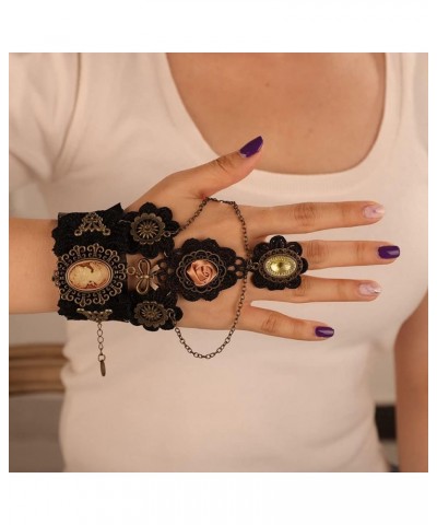 Victorian Black Lace Finger Ring Bracelet for Women Gothicn Flower Cameo Rhinestone Clock and Gear Bangle Bracelet Halloween ...