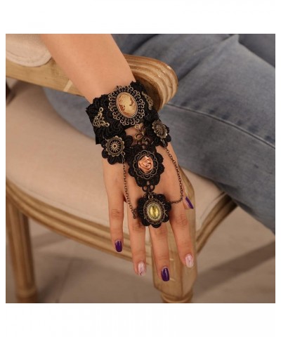 Victorian Black Lace Finger Ring Bracelet for Women Gothicn Flower Cameo Rhinestone Clock and Gear Bangle Bracelet Halloween ...