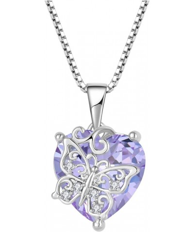 Silver Vintage Butterfly Necklace with Heart 12 Birthstone Gemstones, Gift for Her June - Light Amethyst $31.50 Necklaces