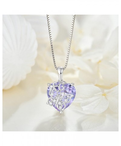 Silver Vintage Butterfly Necklace with Heart 12 Birthstone Gemstones, Gift for Her June - Light Amethyst $31.50 Necklaces