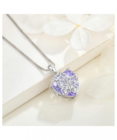 Silver Vintage Butterfly Necklace with Heart 12 Birthstone Gemstones, Gift for Her June - Light Amethyst $31.50 Necklaces