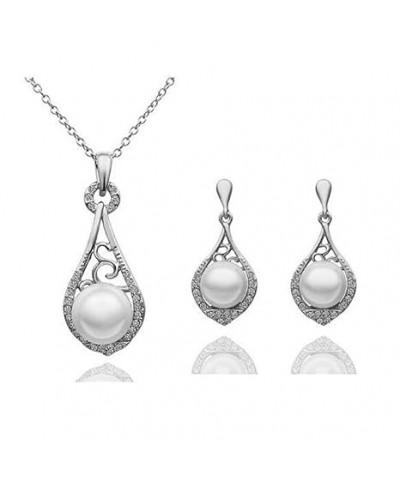 Faux Pearl Strands Necklace Earrings Set Crystal Teardrop Pendant Necklace Chain Dangle Jewelry for Women Girls (Silver) Silv...