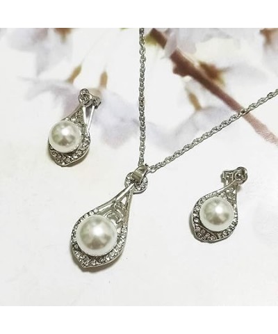 Faux Pearl Strands Necklace Earrings Set Crystal Teardrop Pendant Necklace Chain Dangle Jewelry for Women Girls (Silver) Silv...